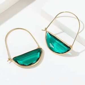Anthropologie Dark Green Glass Crescent Hoop Gold Earrings